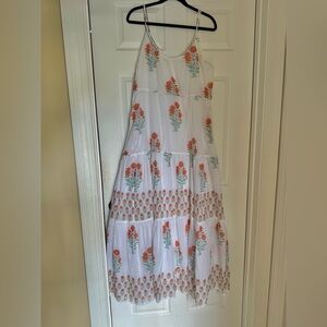 Roller Rabbit White Maxi Dress with Orange Floral and Green Leaves